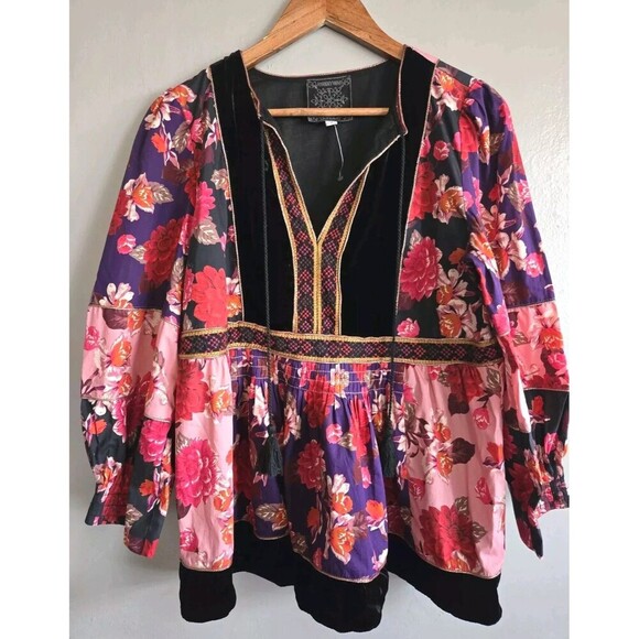 Johnny Was Silk Floral Blouse Women M Red Velour Trim Kimmy Smocked  Peasant New - Picture 1 of 8